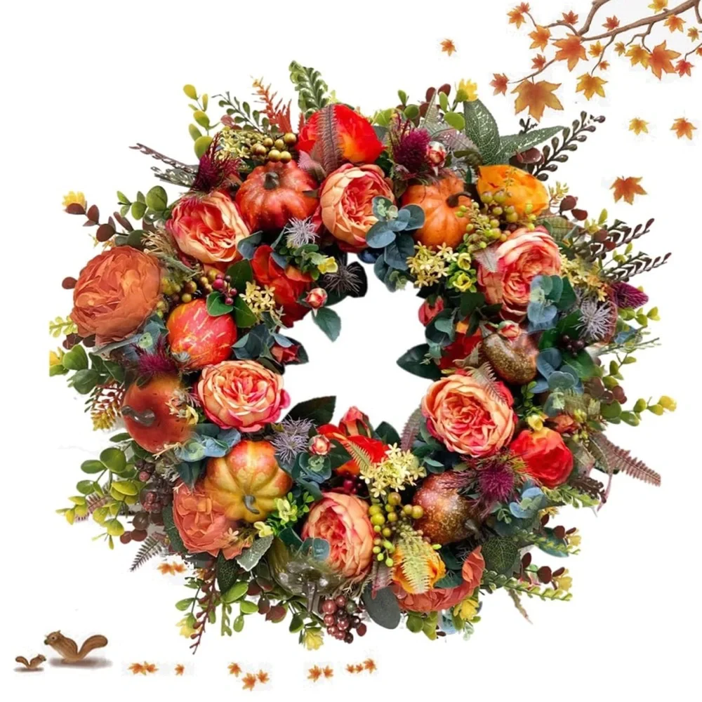 Autumn Floral Wreath with Pumpkins